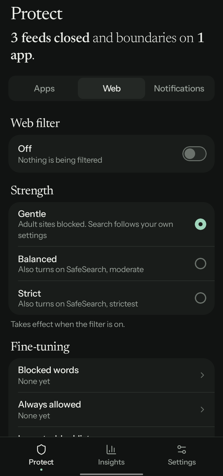 Web filter strength: Gentle, Balanced, Strict